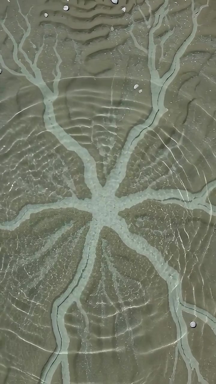 Vertical video: Creating central disturbance, ripples spreading across shallow seabed with channels