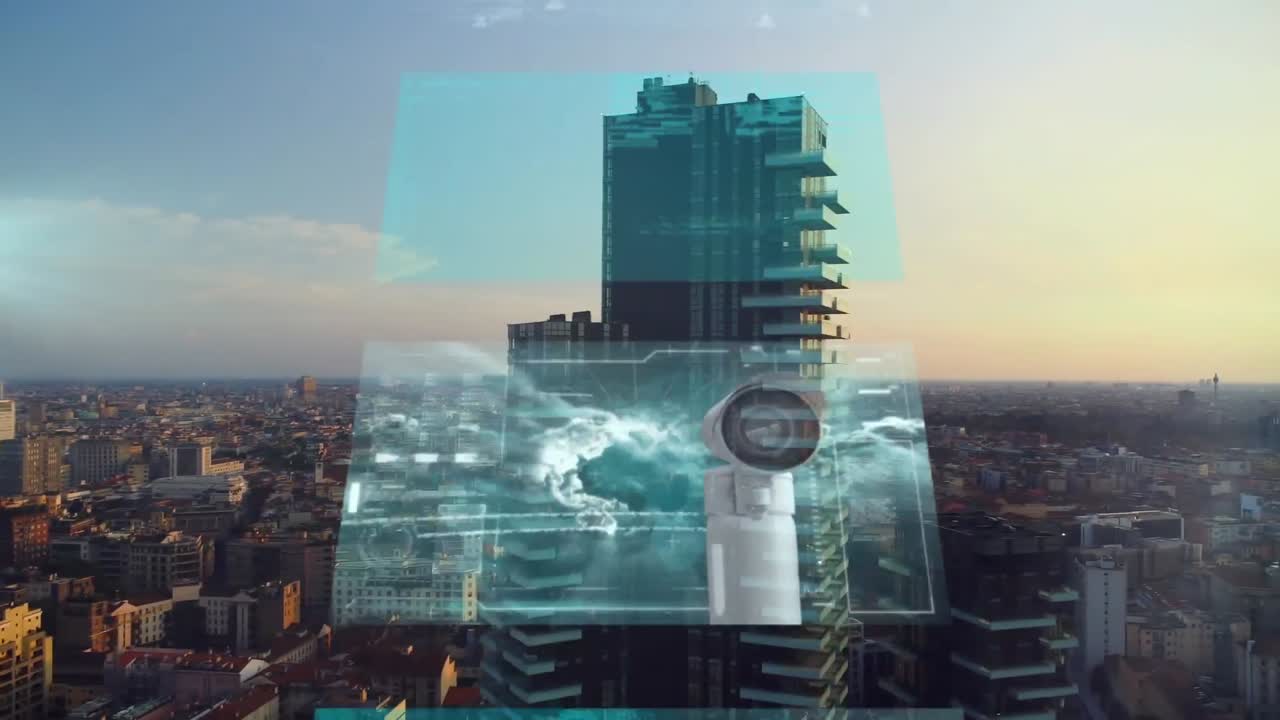 animación de interfaces en cascada con redes y procesamiento de datos sobre el paisaje urbano moderno al atardecer