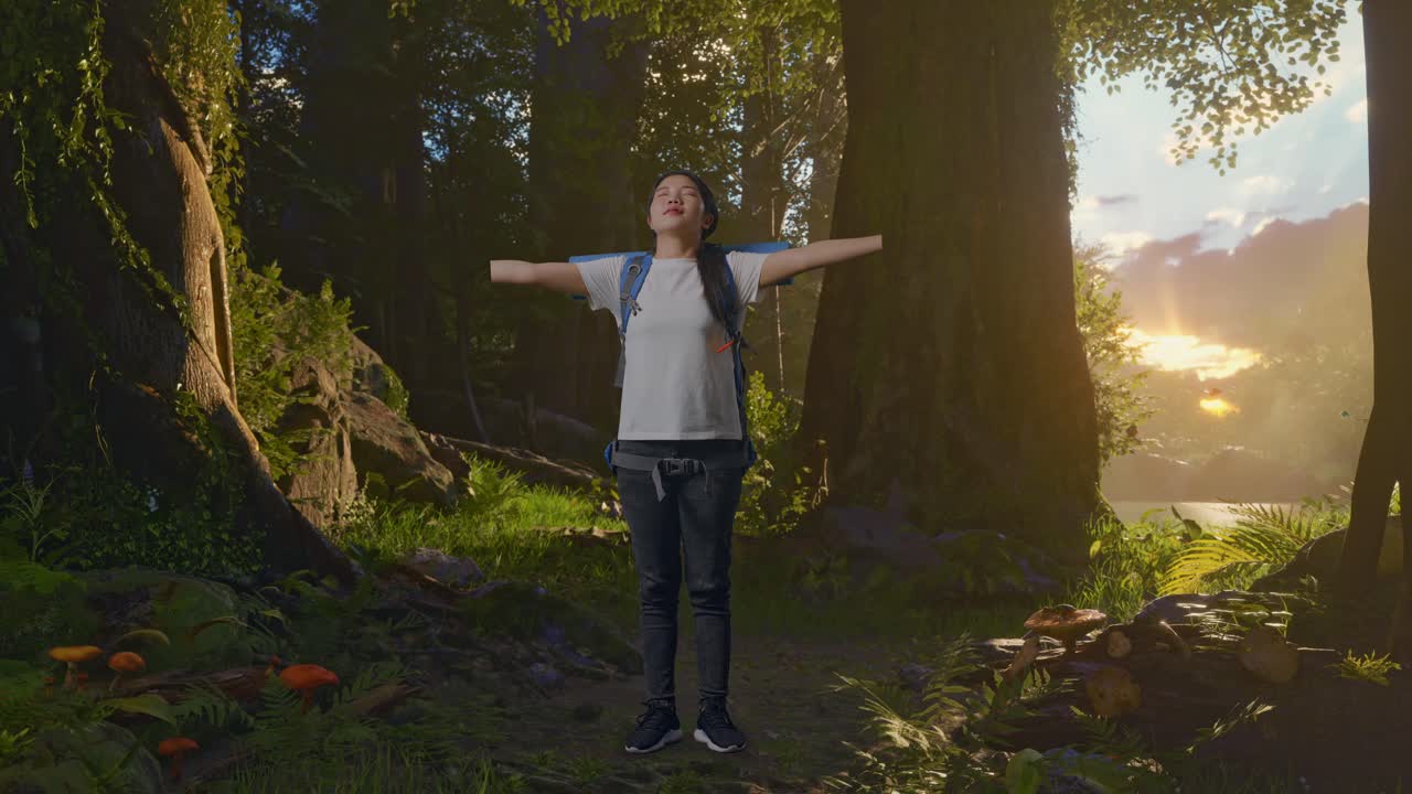 mujer disfrutando de una caminata al atardecer en un bosque