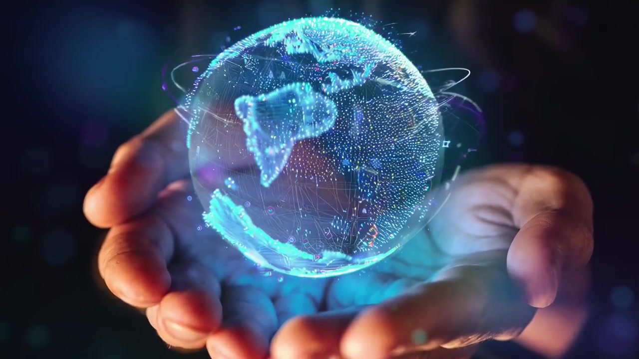 Globo terráqueo holográfico digital flotando sobre manos humanas.