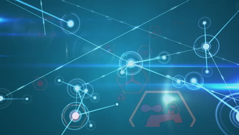animación de múltiples iconos digitales, red de conexiones y rastros de luz contra un fondo azul