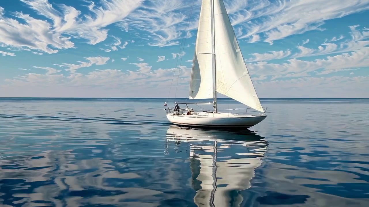 Weißes Segelboot gleitet auf ruhigem Meerwasser mit Himmelsreflexion.
