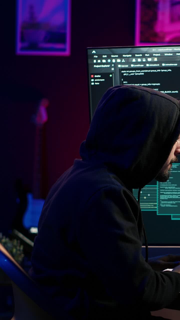 Glad hacker laver computersabotage med ransomware i lodret videoformat