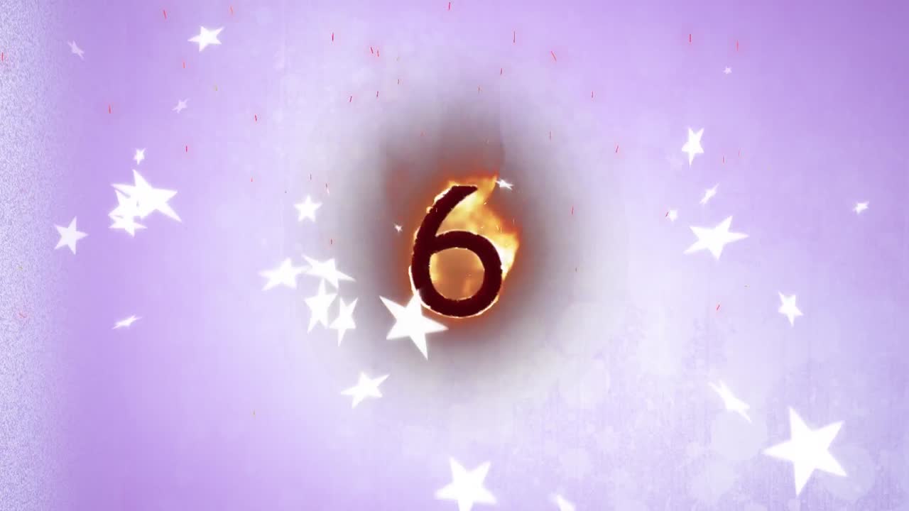 Animazione di stelle bianche che cadono sopra il numero 6 in fiamme, su sfondo lilla.