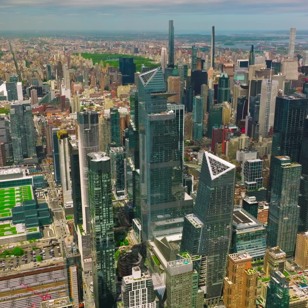 Vibrant New York city on amazing sunny day. Rising sight of the city, river and docks