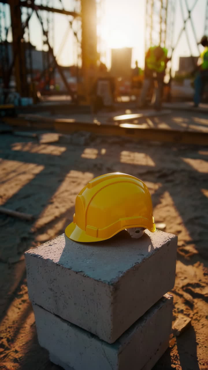 Construction Site at Sunset with Safety Helmet on Bricks