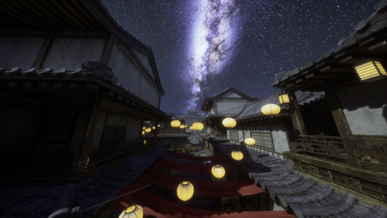 Steps illuminated by paper lanterns leading towards ceremonial shrine scene