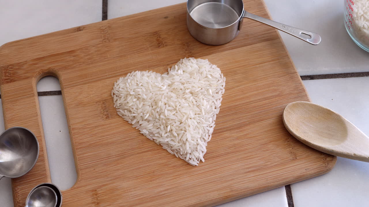 grano de arroz blanco en un corazón con utensilios de cocina e ingredientes en una cocina