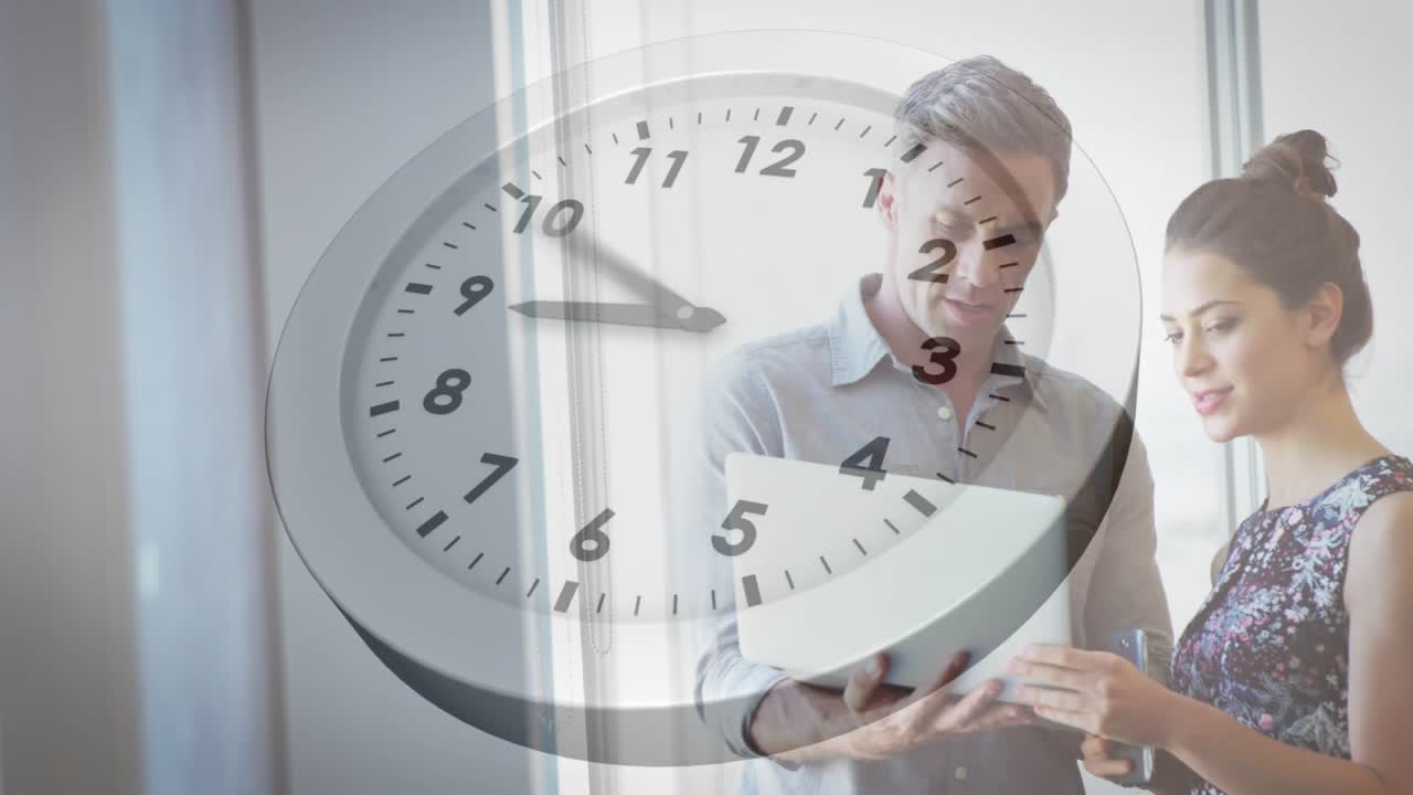 Man and woman meeting, woman tapping phone causing clock overlay rotating, viewing biz laptop data