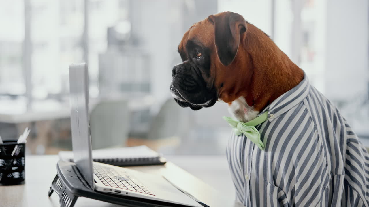 Ofiste dizüstü bilgisayarda çalışan boksör köpek