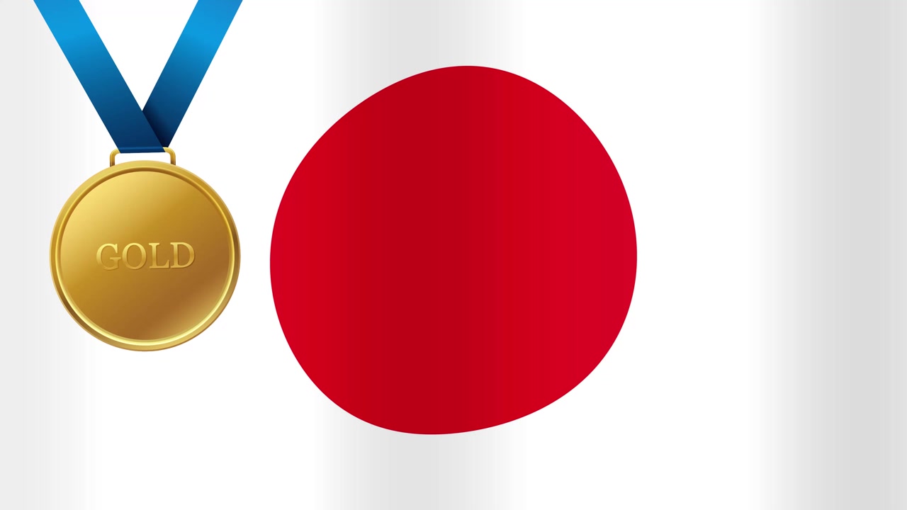 Animated Japanese flag waving behind a gold medal with blue ribbon in a seamless loop.