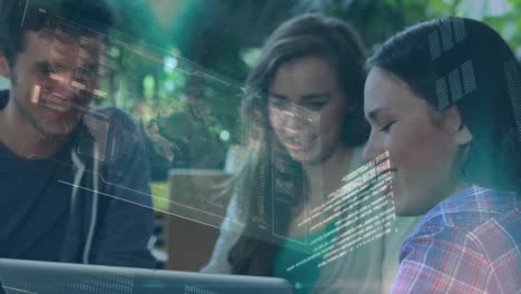 Animation-of-data-processing-over-three-smiling-diverse-male-and-female-students-studying-together