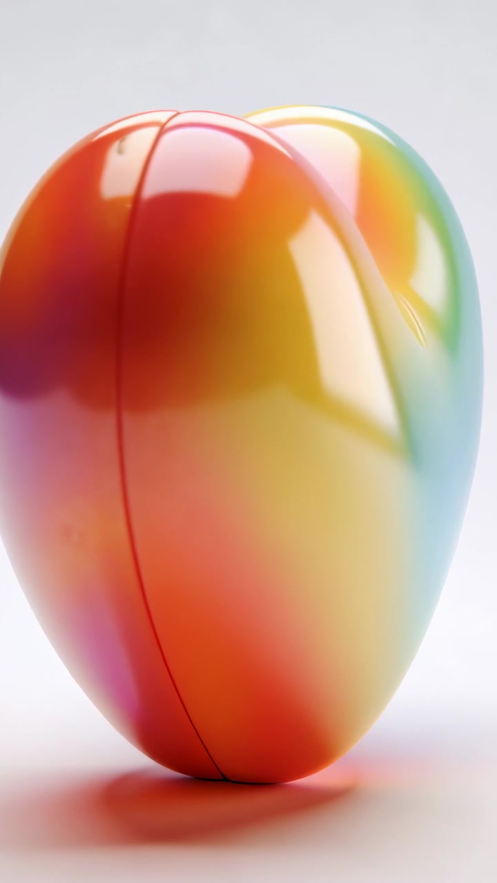 Vertical video: Playback starting glossy rainbow heart rotating on white table, showing gloss