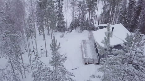 Cozy-winter-cabin-behind-tree-tops-in-remote-Nordic-snow-forest,-aerial-top-down-view