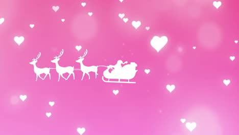 animación del trineo de santa sobre corazones sobre fondo rosado