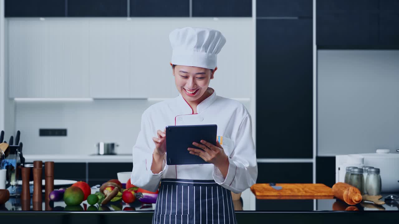 una mujer asiática que usa una tableta en la cocina de su casa