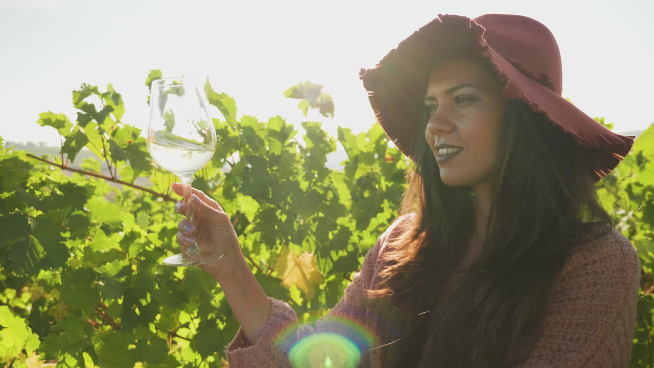 Donna che guarda un bicchiere di vino bianco alla calda luce del sole