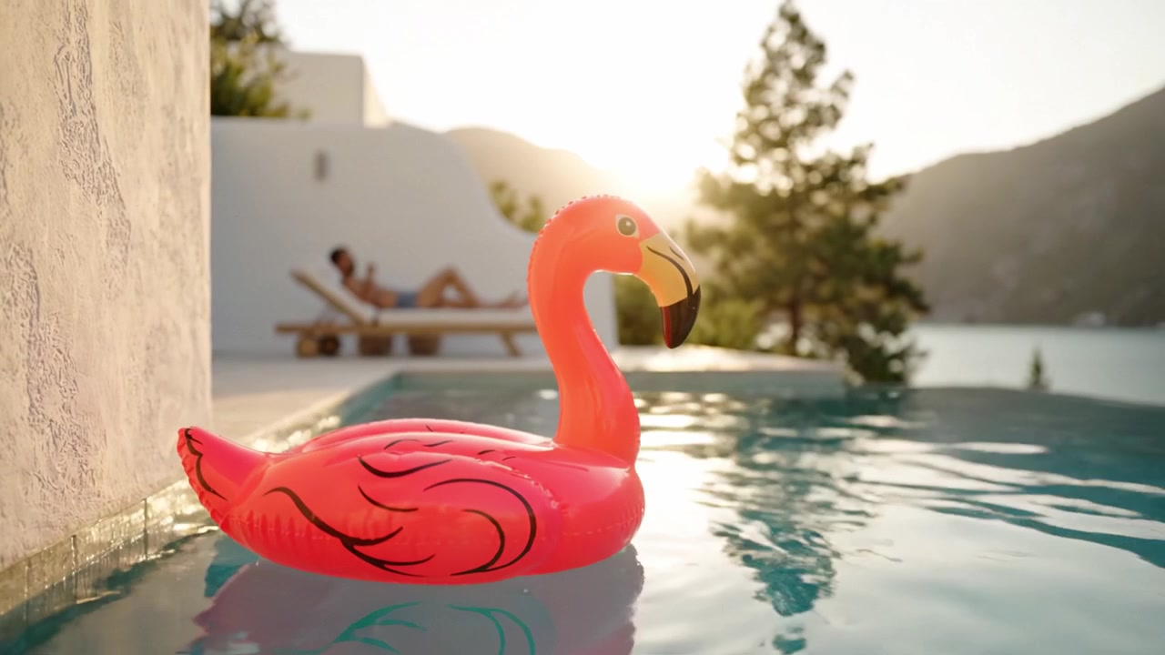 A Vibrant Flamingo Pool Float Basking in Sunset Reflections at a Serene Outdoor Setting, Perfect for Relaxation and Summer Vibes by the Water's Edge