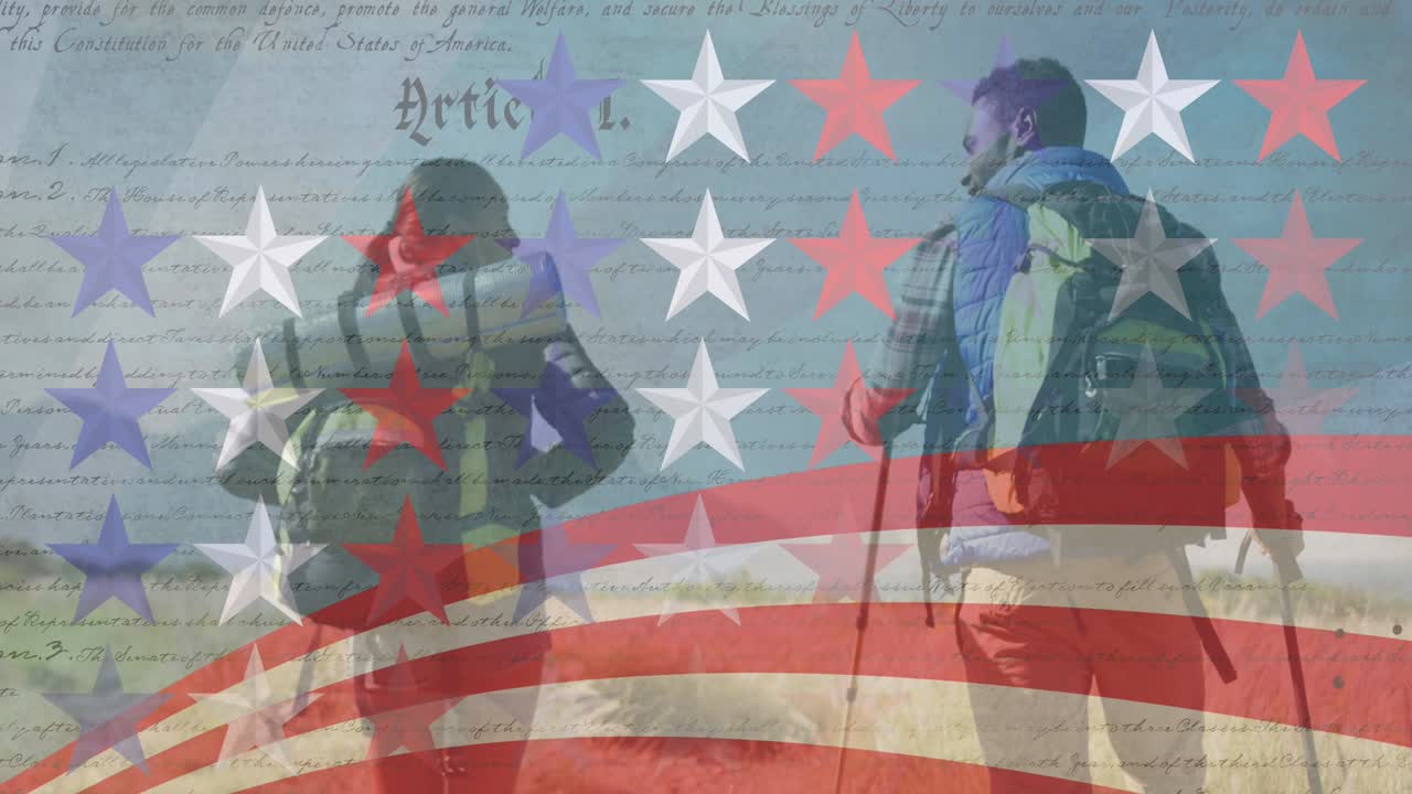 animación de rayas y estrellas moviéndose sobre una pareja de senderismo