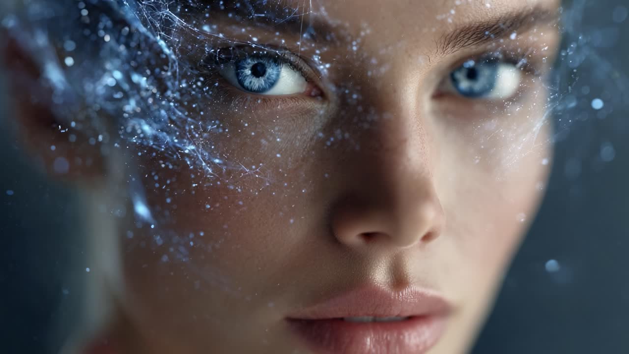 A Close-Up Exploration of Ethereal Beauty: A Stunning Female Portrait Enhanced by a mesmerizing Display of Light and Colorful Patterns in the Background