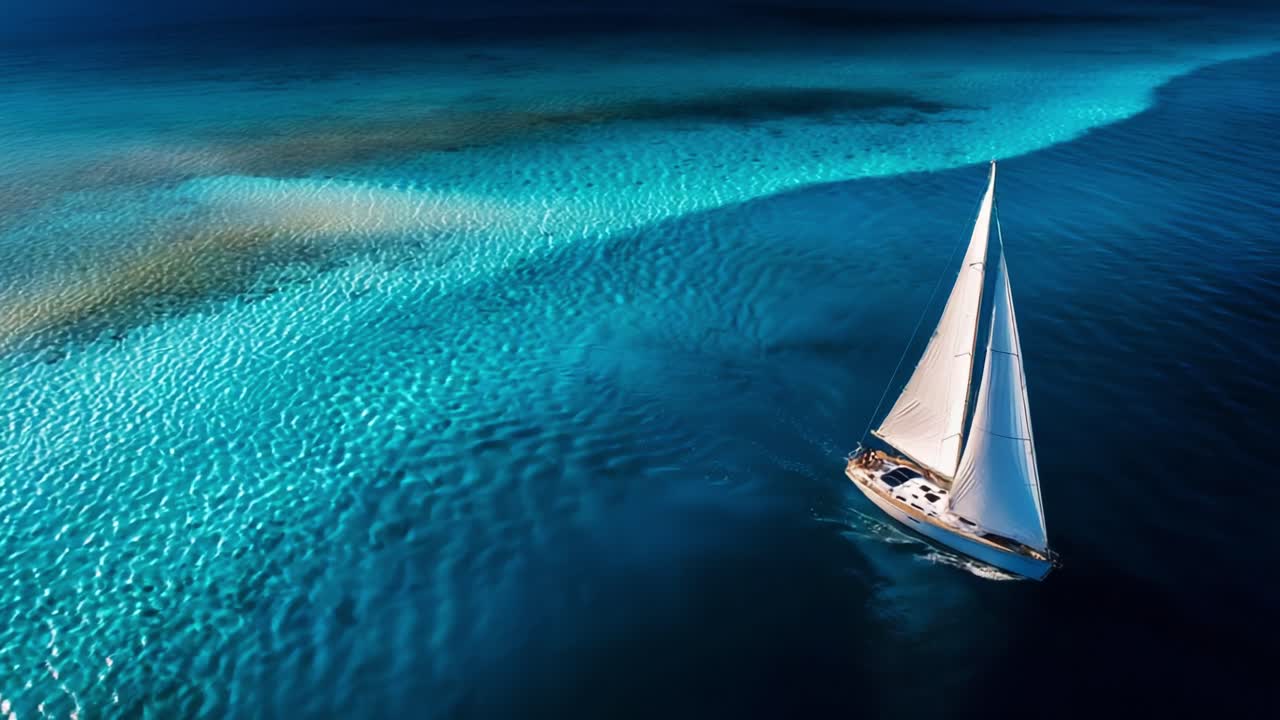 A Serene Sailing Adventure on Crystal Clear Waters: Capturing the Journey of a Beautiful Sailboat Gliding Over Turquoise Seas with Sunlight Dancing on the Surface