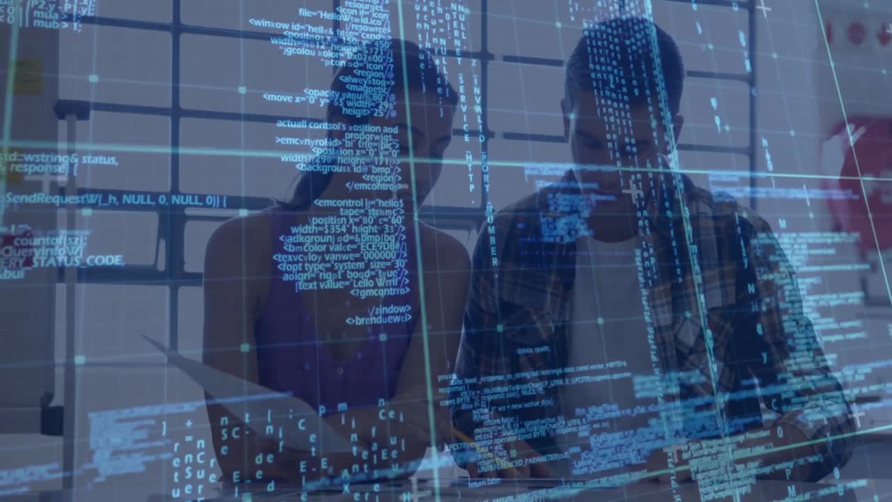 woman picking printout and pointing code overlay while male coder editing laptop for logic review