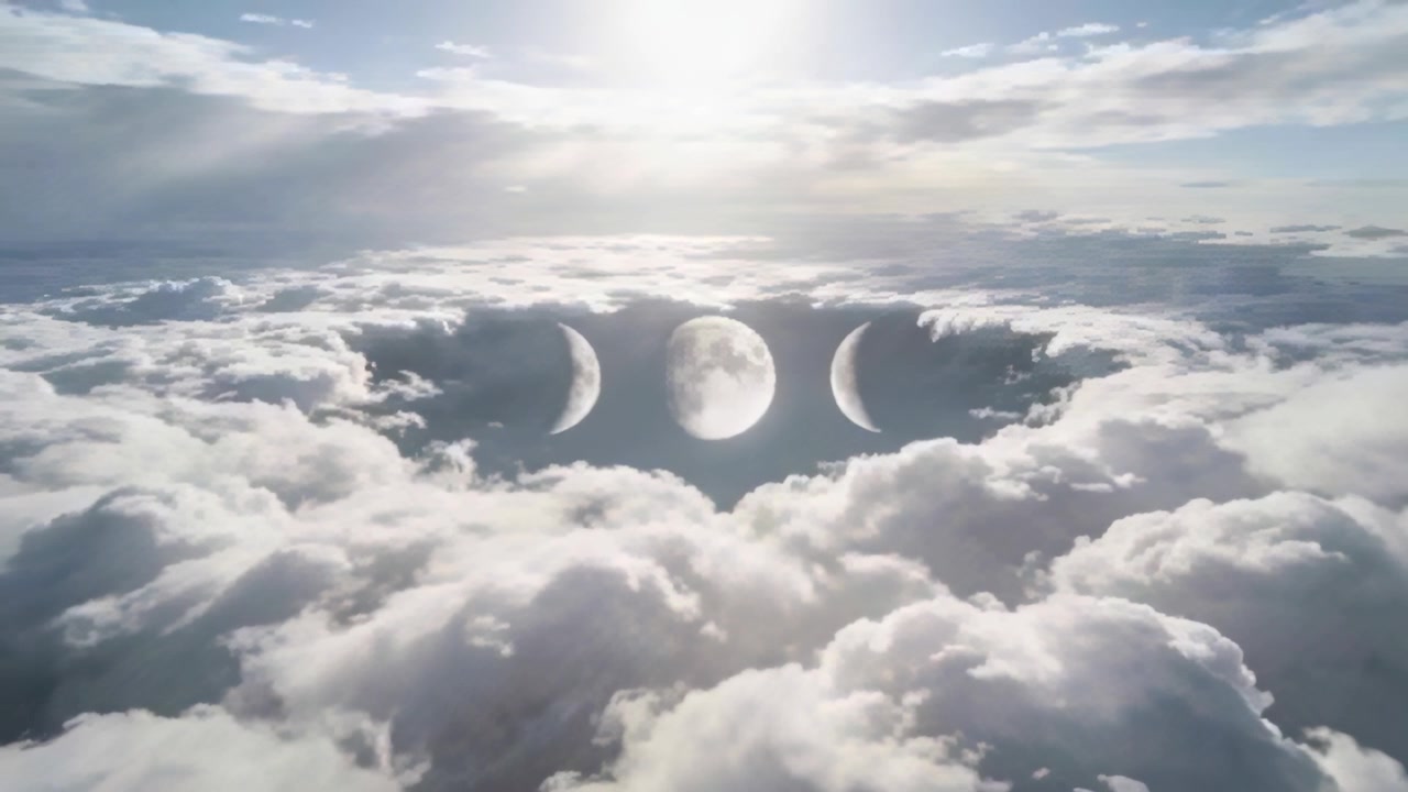 Moving camera advancing over cloud deck to frame three lunar discs centered in gap