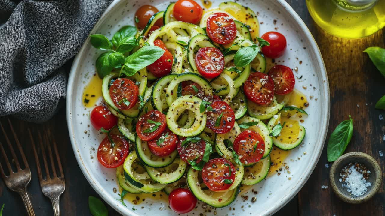 insalata di tagliatelle di zucchini con pomodori di ciliegio e basilico