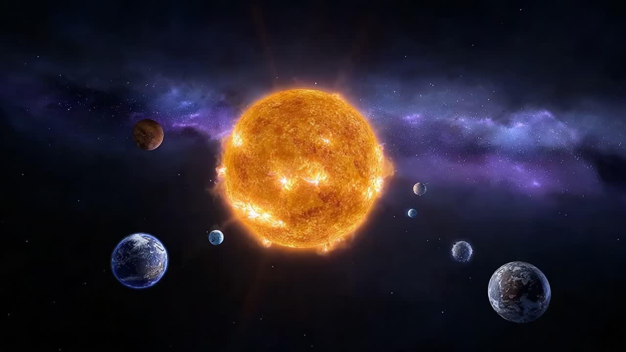 A Stunning Celestial Display: Captivating Imagery of a Bright Star Surrounded by Planets, Set Against a Mystical Cosmic Background of Stars and Galaxies