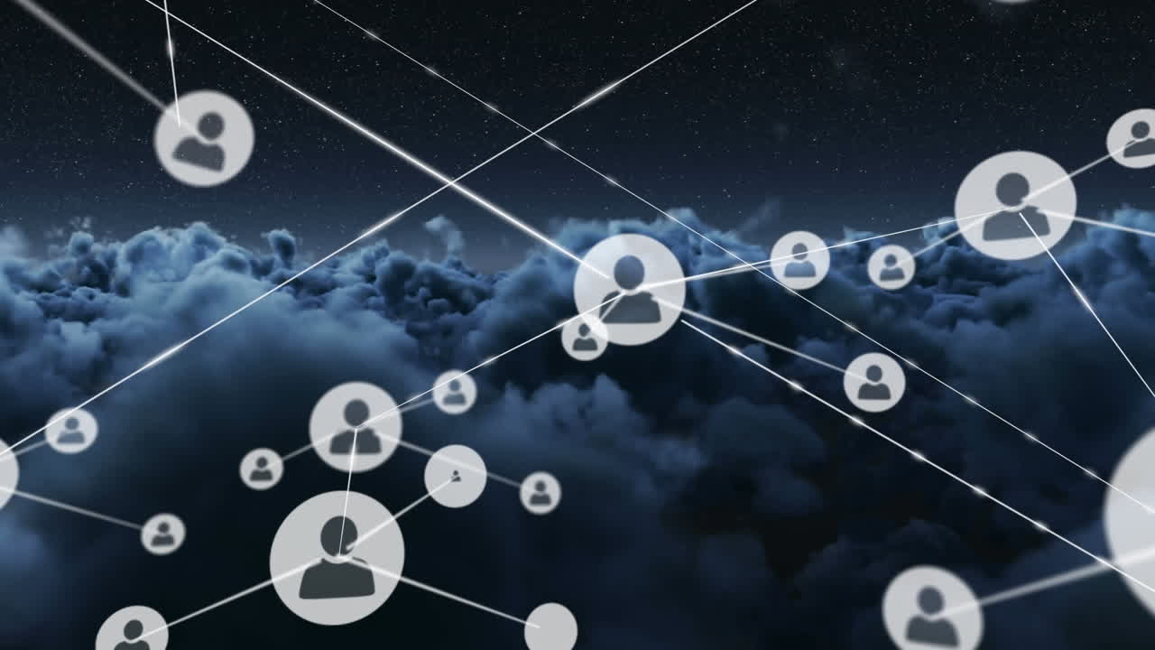 Animazione di una rete di connessioni con icone su cielo.