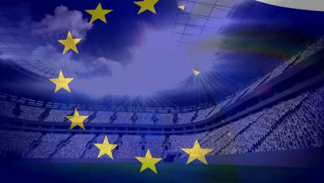 Bandera-Europea-Flotando-Frente-Al-Estadio-De-Fútbol