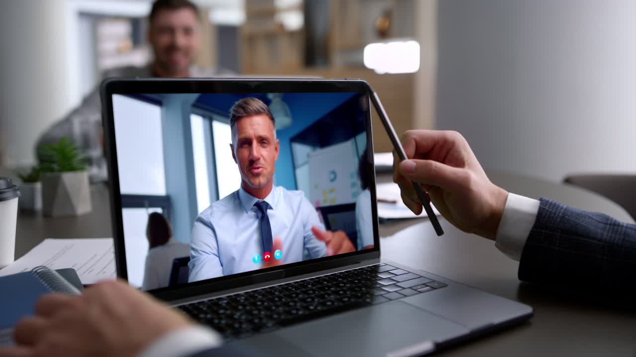 Confident man talking webinar close up. Businessman listening laptop course