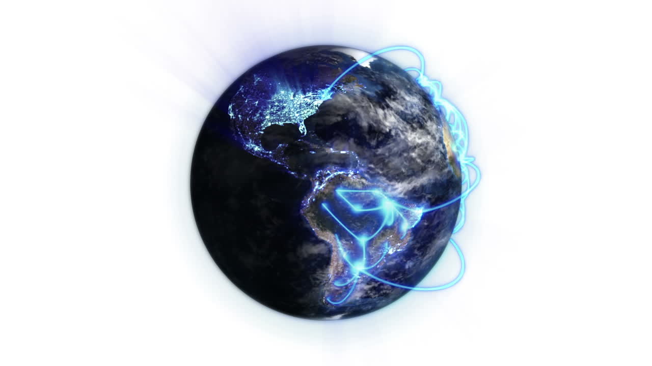 red azul en una tierra iluminada y sombreada con nubes en movimiento con imagen de la tierra cortesía de nasa.org