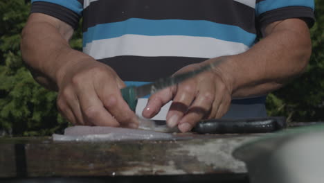 Manos-Masculinas-Limpiando-Pescado-Con-Un-Cuchillo-Afilado-Al-Aire-Libre-En-Un-Día-Soleado