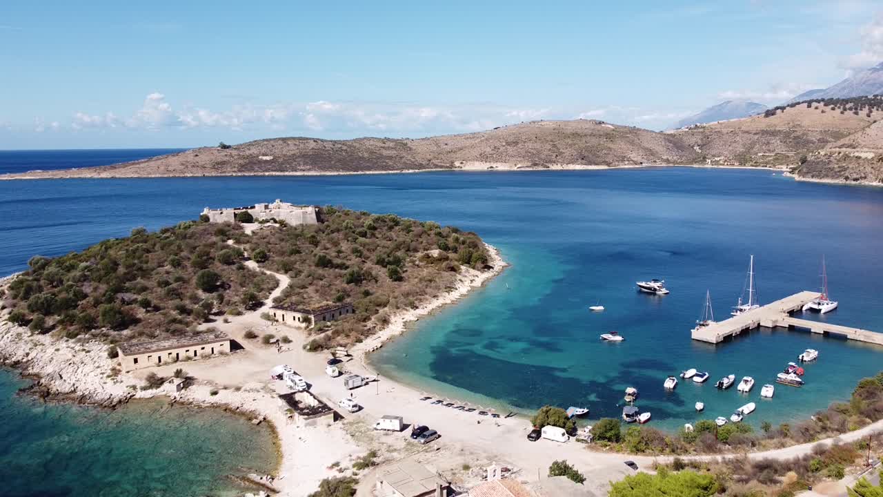 Aerial View of a Scenic Coastal Bay with a Fort