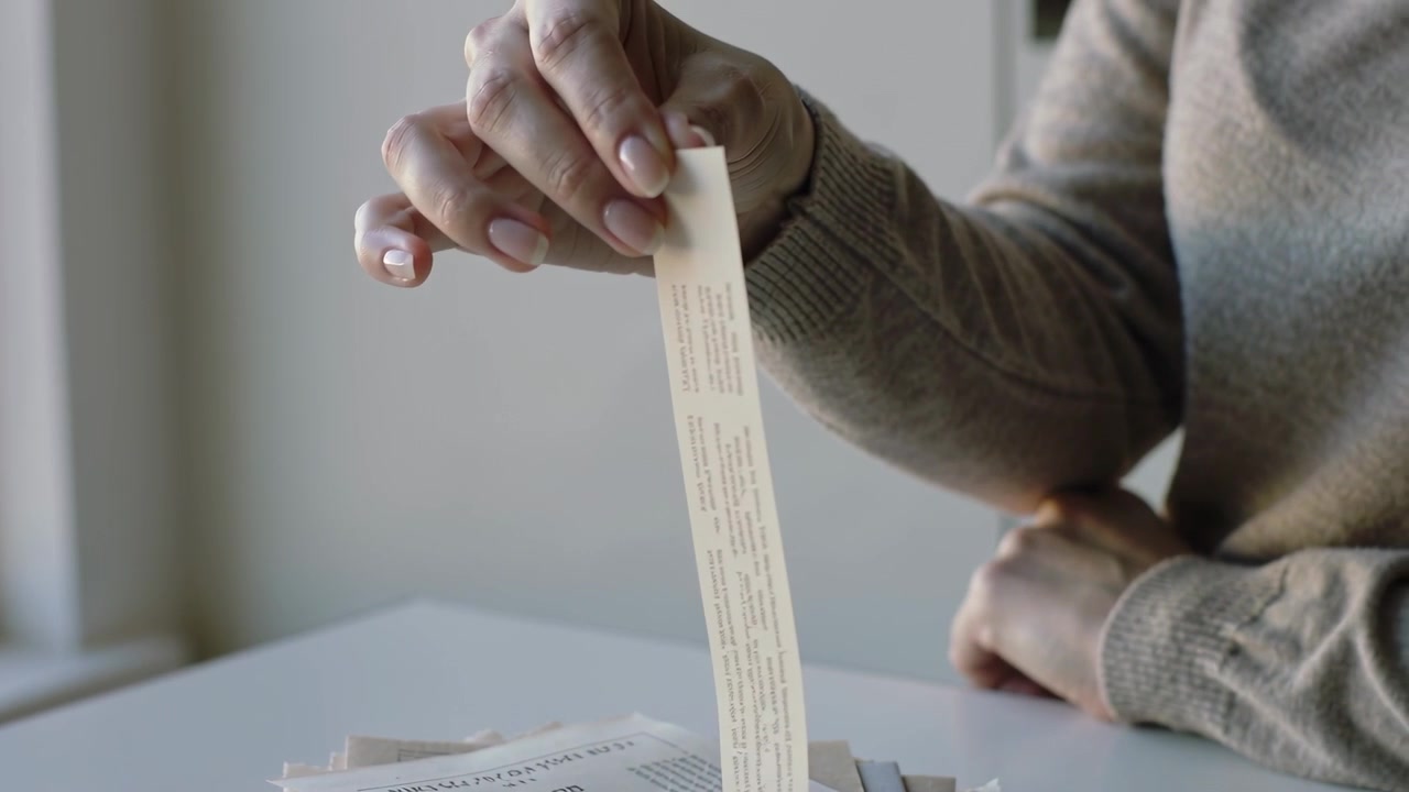 Allungarsi, sollevare la mano, controllare e rilasciare una striscia di carta da una pila su un tavolo vicino alla finestra, indossando un maglione
