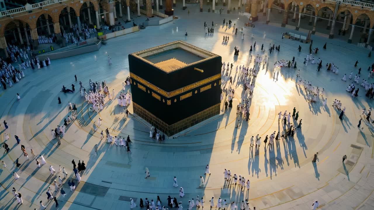 Aerial view of people circling the Kaaba, capturing the spiritual essence and movement