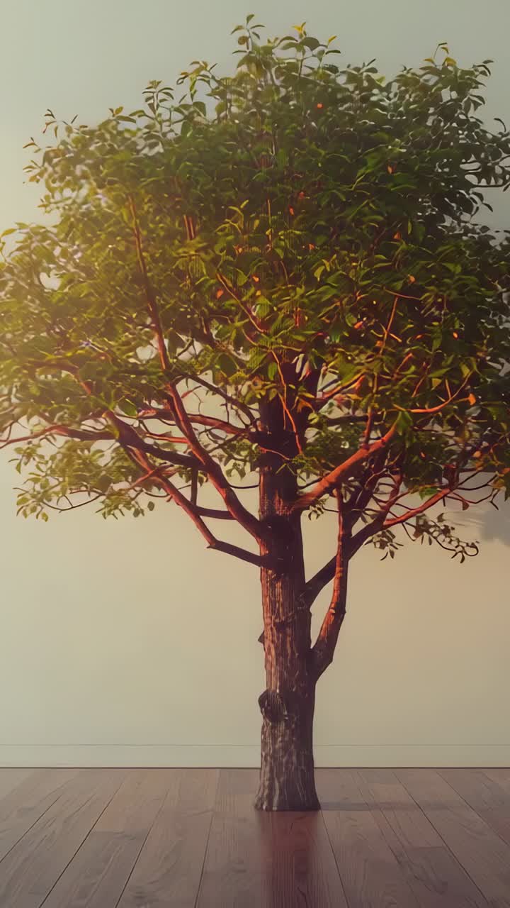 Vertical video: Camera tilting upward along tree trunk on floor, revealing red fruit, leaf canopy