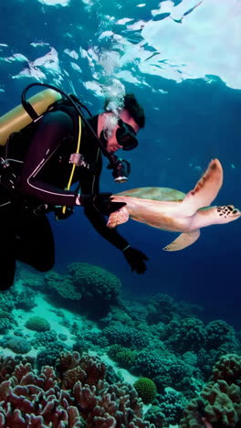 scuba diver interacting with a turtle in a coral reef