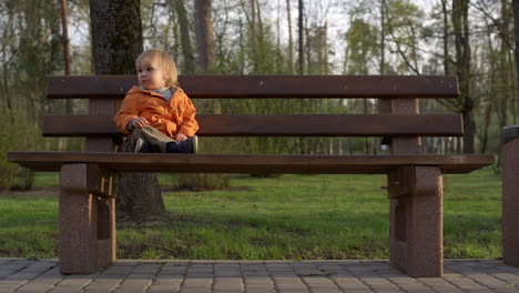 Small-boy-sitting-wooden-bench-at-park.-Toddler-boy-smiling-at-forest-background