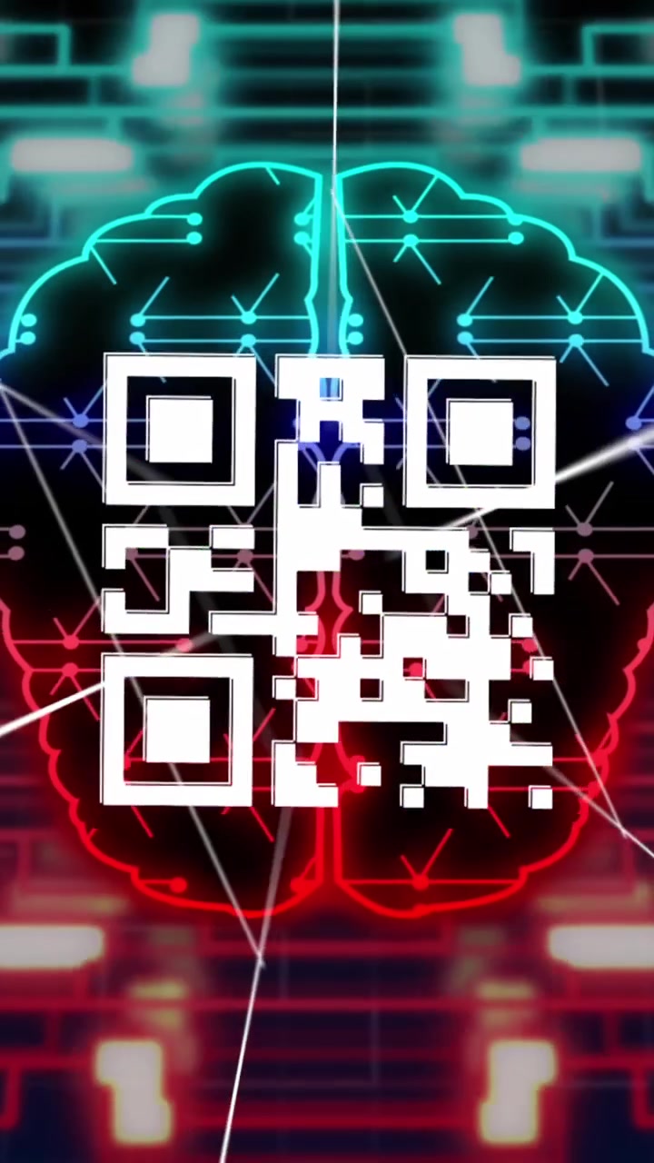 Animation of qr code, human brain and data processing over circuit board