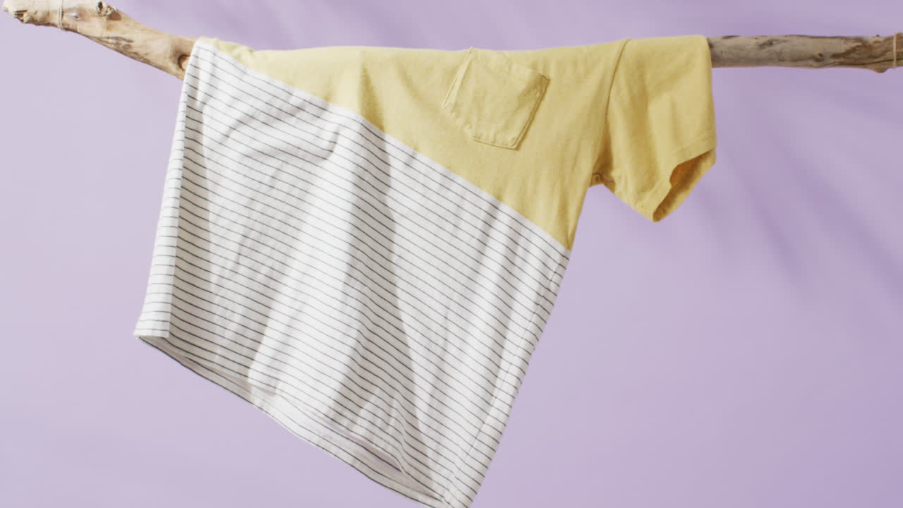 Video of close up of white and yellow t shirt hanging branch on purple background