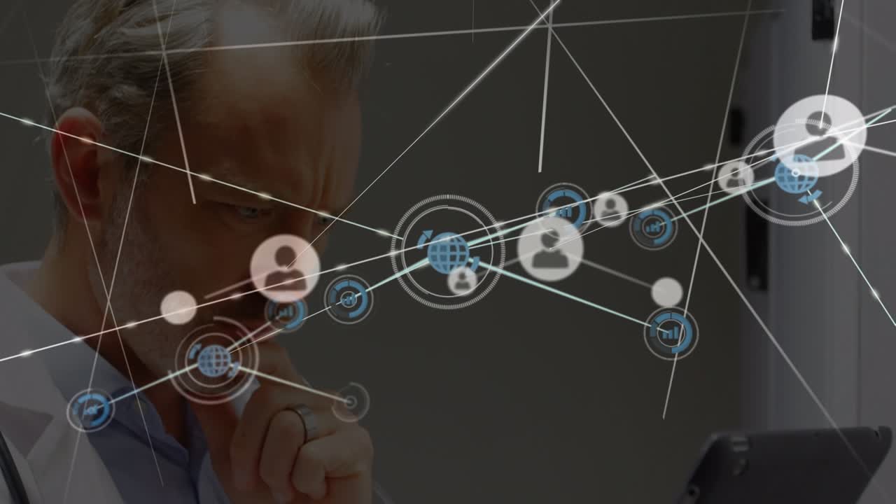 Network of digital icons against thoughtful caucasian senior male doctor using digital tablet