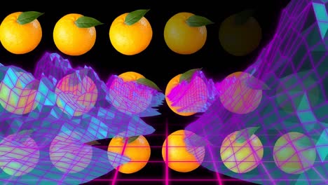 animation of 3d grid mountains with oranges against black background