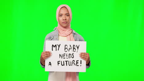 Muslim-woman,-future-and-green-screen-with-protest