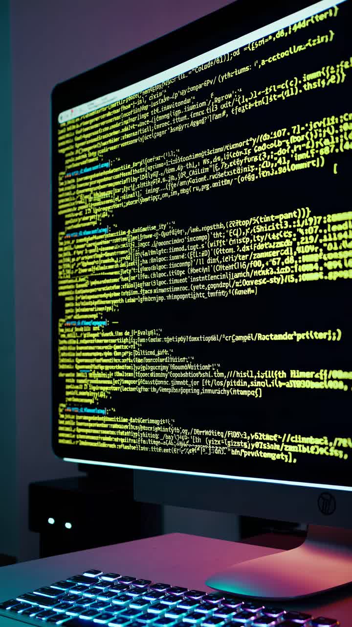 Moody, low-angle shot of a computer screen displaying a dark video