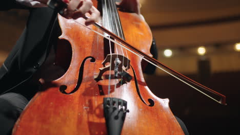 cellist is playing cello on scene of old opera house concert of symphonic orchestra in philharmonic hall