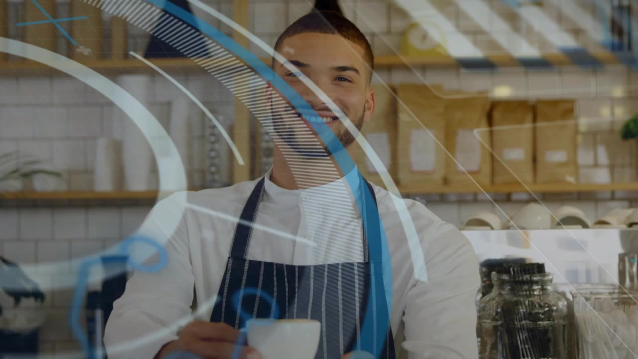 Barista che tiene una tazza su un piattino, la telecamera mostra una sovrapposizione che fa sì che il barista presenti la tazza di caffè.