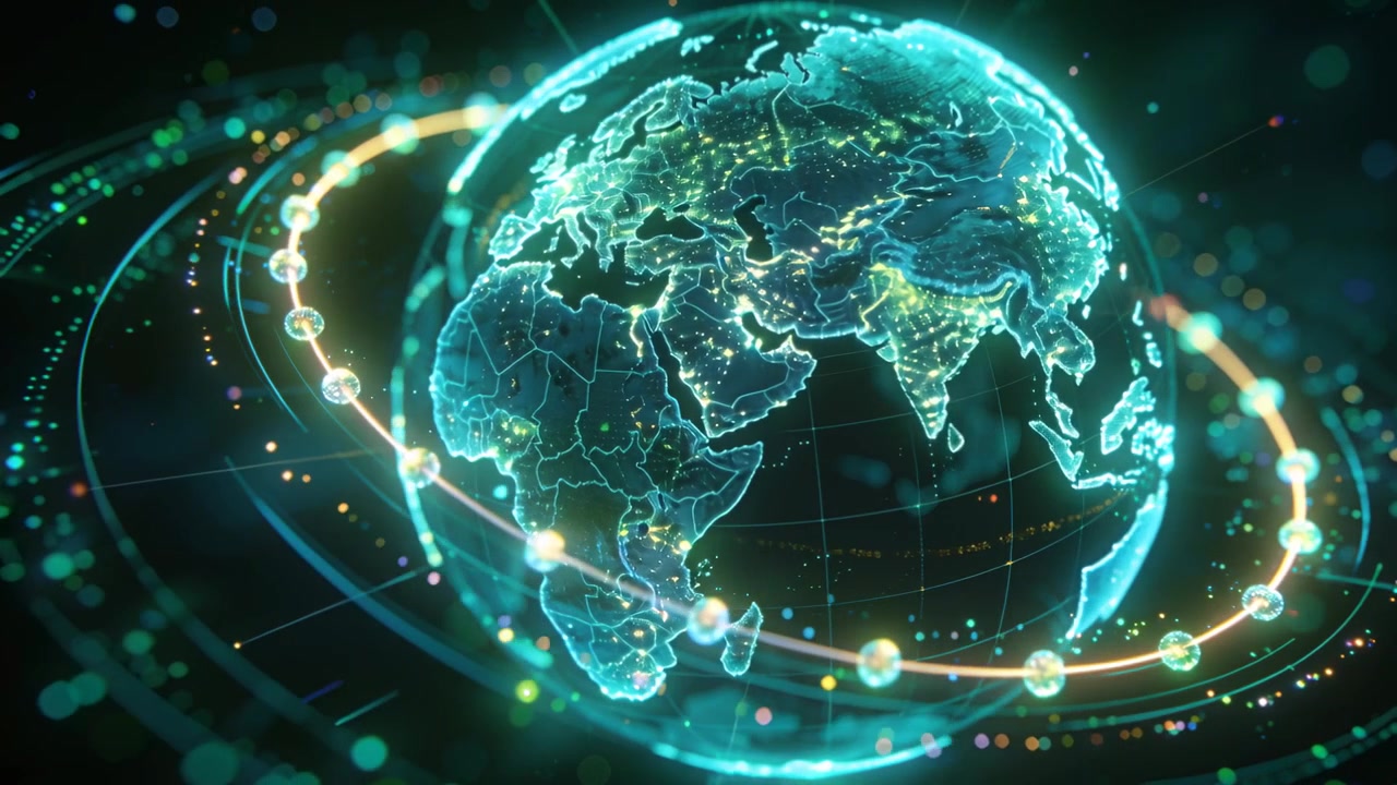 Orbiting ring entering left lighting holographic Earth rotating in dark space showing node activity