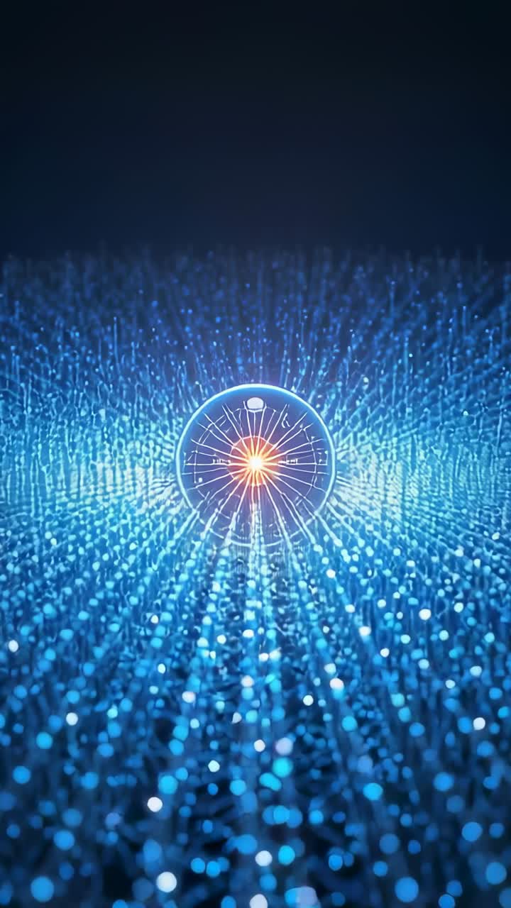 Video verticale: sfera pulsante che invia increspature attraverso densi pin blu su una griglia tecnologica, illuminando i pin